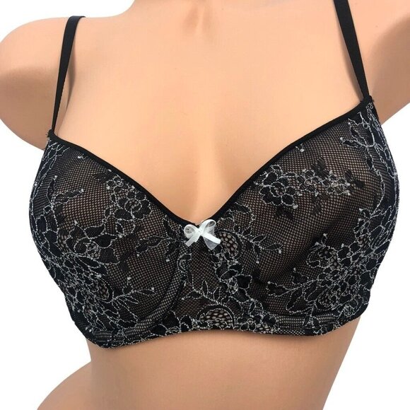 Victoria's Secret Balconette Bra Size 32D Black Embroidered Floral Lace Unpadded - Picture 3 of 7